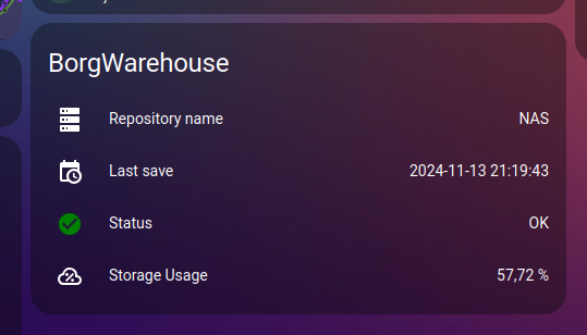 BorgWarehouse card with OK status